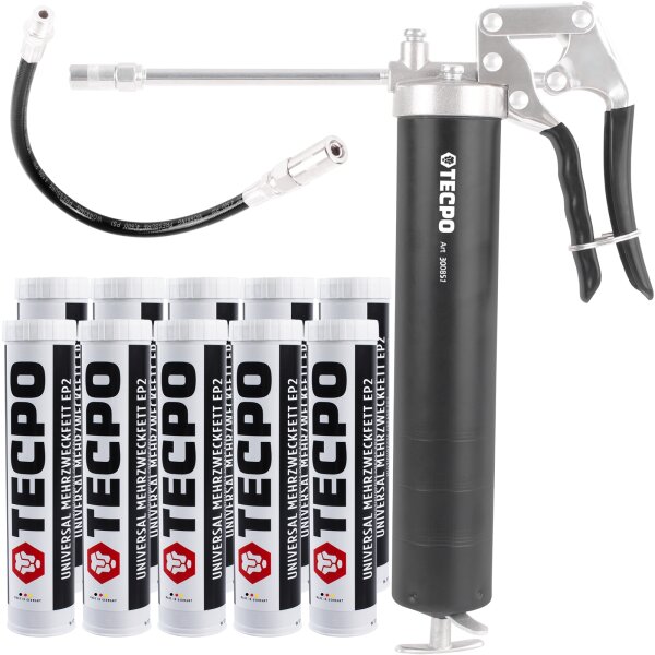 TECPO Einhand-Fettpresse + 10x Universal Mehrzweckfett EP2, 400g