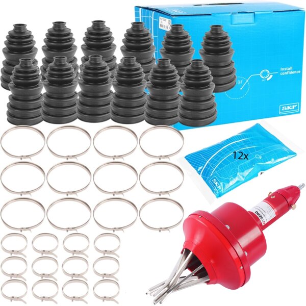 TECPO Druckluft-Montagewerkzeug für Achsmanschetten 20-150 mm + SKF Universal Manschetten-Kit, 12-tlg.
