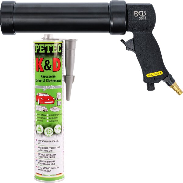 BGS Druckluft-Kartuschenpresse + PETEC K&D Karosserie Klebe- und Dichtmasse grau, 1x 310 ml