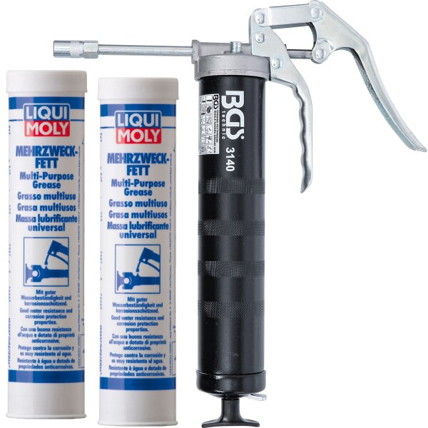 BGS Einhand-Fettpresse + LIQUI MOLY Mehrzweckfett, 2x400 g