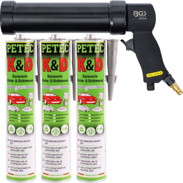 BGS Druckluft-Kartuschenpresse + PETEC K&D Karosserie Klebe- und Dichtmasse grau, 3x 310 ml