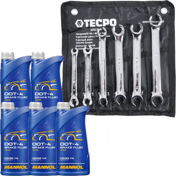 MANNOL  Bremsflüssigkeit Brake Fluid DOT-4, 5L + TECPO Doppel-Ringschlüssel-Satz