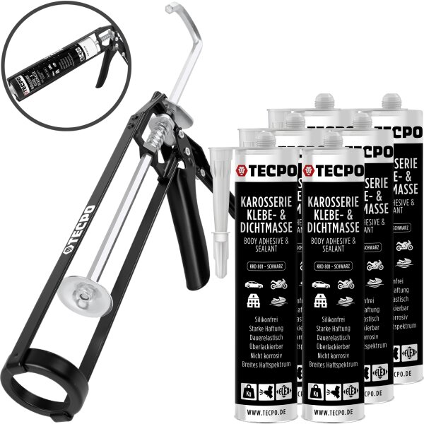 6x TECPO KKD 801 Karosserie Klebe- und Dichtmasse, 370g + Skelett-Kartuschenpresse