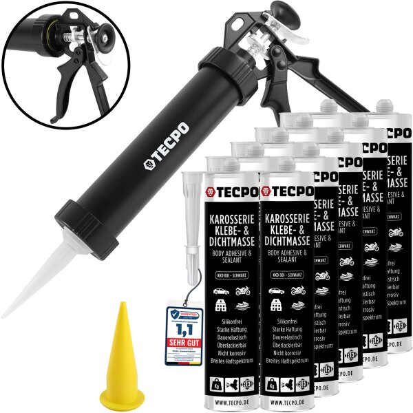10x TECPO KKD 801 Karosserie Klebe- und Dichtmasse, 370g + Alu-Kartuschenpresse