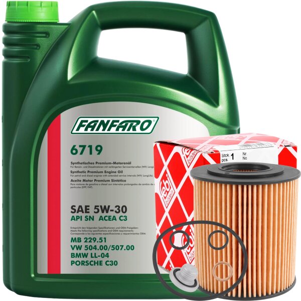 FEBI Ölfilter + Schraube + FANFARO 6719 5W-30, 5 Liter