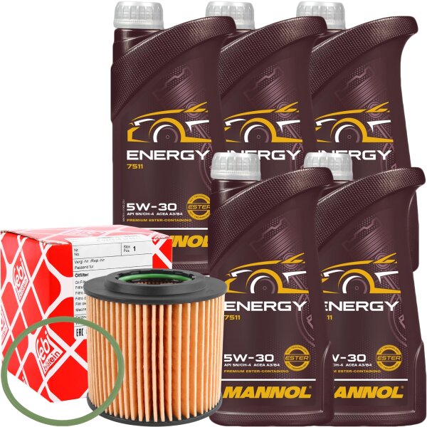 FEBI BILSTEIN Ölfilter + MANNOL Energy 5W-30, 5x1 Liter
