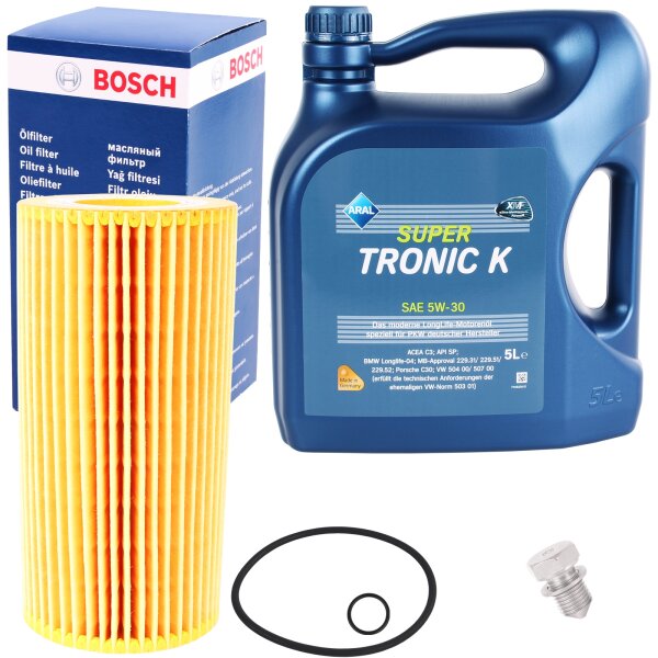 Bosch Ölfilter + ARAL Super Tronic K Motoröl 5W-30, VW 504.00 507.00, 5 Liter