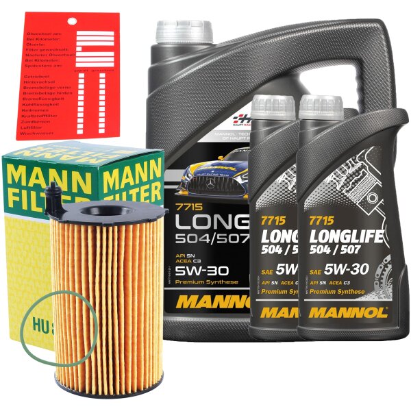 MANN-FILTER Ölfilter + MANNOL 504 / 507 5W-30, 7 L + Ölzettel