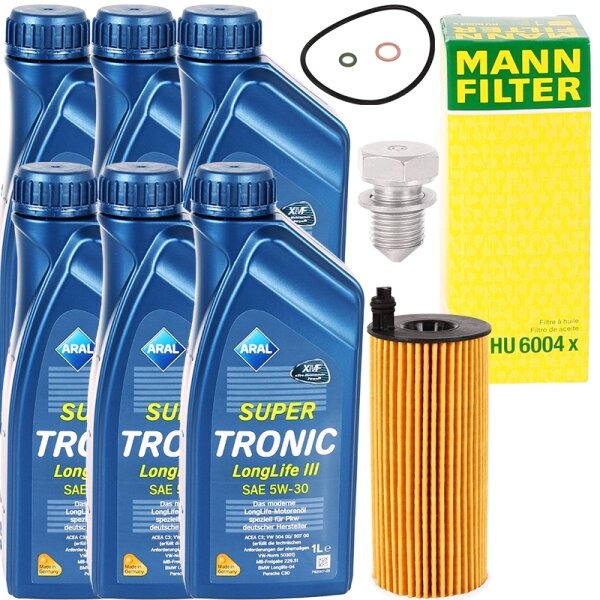 Mann Ölfilter + Schraube + 6L ARAL Super Tronic K Motoröl 5W-30, VW 504.00 507.00