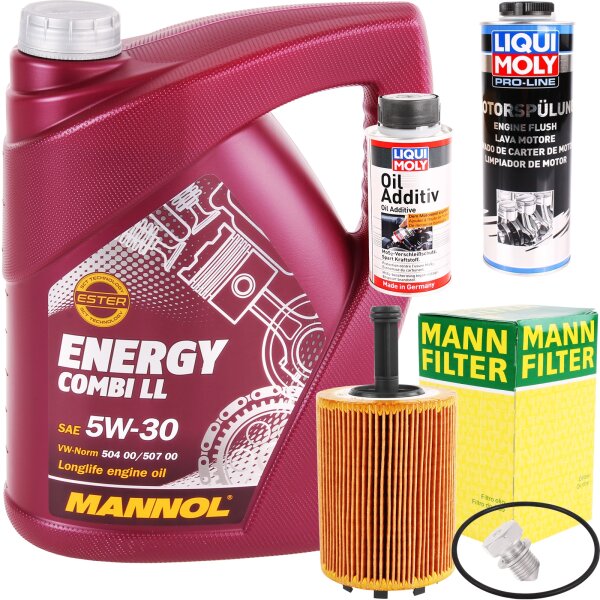 MANN Ölfilter + Liqui Moly Oil Additiv + Spühlung + 5L Mannol 5W-30 Energy Combi LL