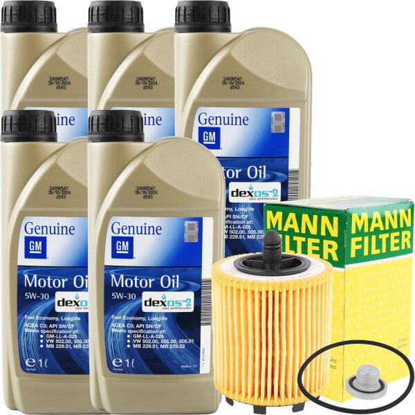 MANN-FILTER Ölfilter + 5x1L OPEL GM 5W-30 dexos2 + Schraube