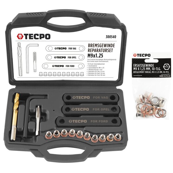 TECPO Bremsgewinde Reparatur-Satz M9x1.25 Bremssattel Werkzeug Set + 10 Ersatzgewinde