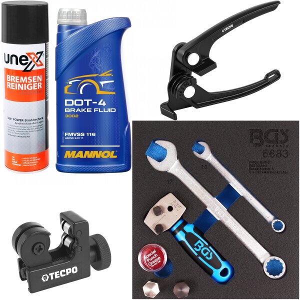 BGS Bördelgerät +TECPO Rohr Biegezange für Rohr Durchmesser 3, 4.75, 6 mm + Rohrabschneider 3-16 mm + MANNOL Brake Fluid DOT-4 + Bremsenreiniger-Spray 500 ml