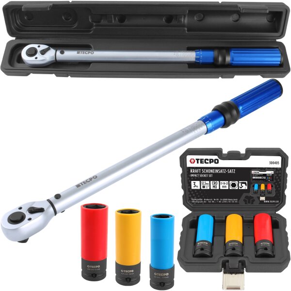 TECPO Drehmomentschlüssel (1/2") 40 - 220 Nm + Kraft-Schoneinsatz-Satz SW 17 mm 19 mm 21 mm
