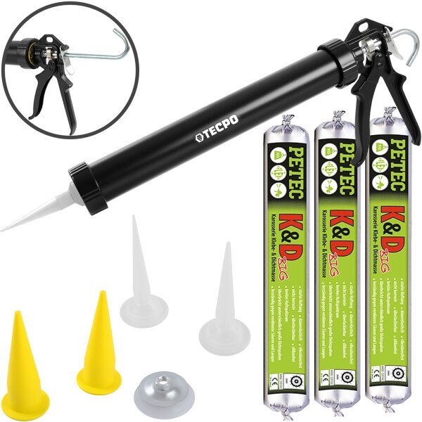 TECPO Kartuschenpresse + 3x 600 ml PETEC K&D Karosserie Klebe-& Dichtmasse, Weiß