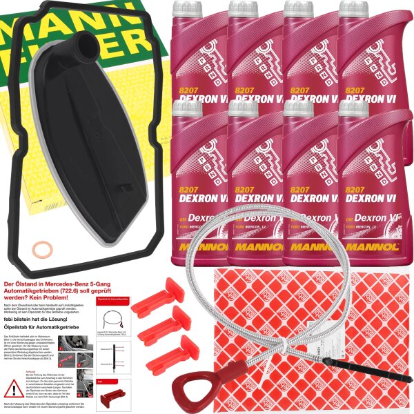 MANN-FILTER Teilesatz, Automatikgetriebe + Peilstab + Sicherungsstifte für Mercedes 5 Gang Getriebe 722.6