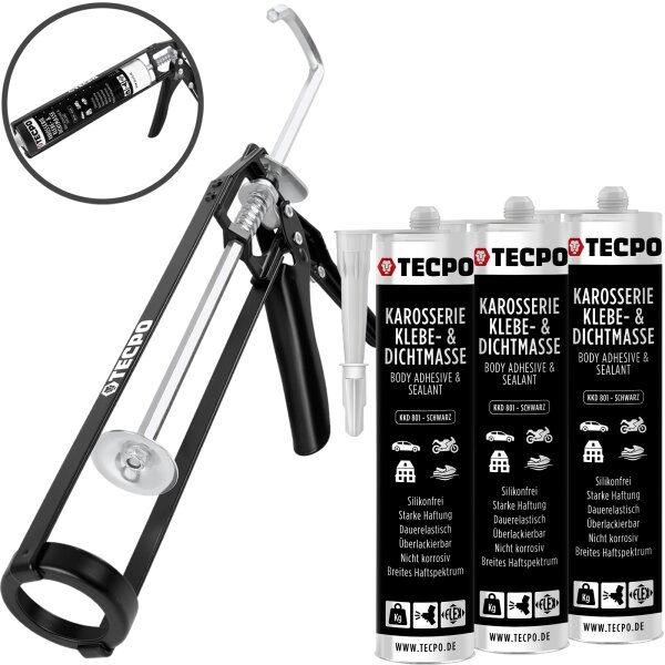 3x TECPO KKD 801 Karosserie Klebe- und Dichtmasse, 370g + Skelett-Kartuschenpresse
