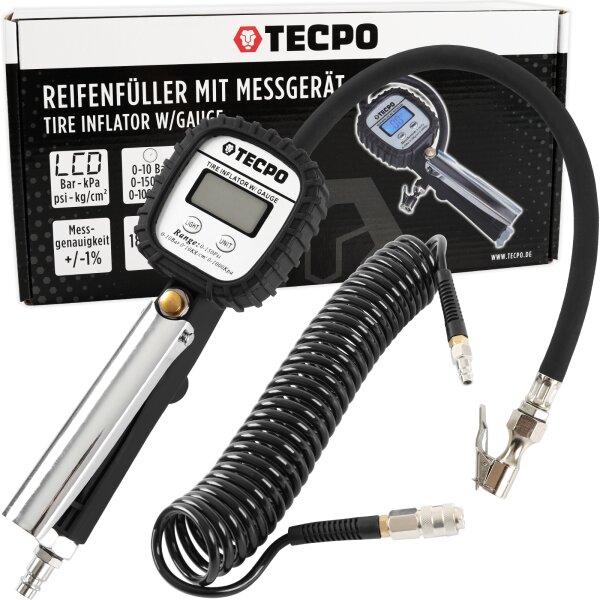 TECPO Digitaler Reifenfüller 0-10 Bar + Drukluft Spiralschlauch 6 m