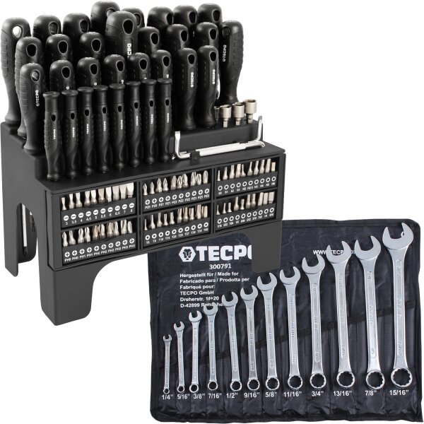 TECPO Schraubendreher- und Bit Set 100-tlg. + Maul-Ringschlüssel-Satz, Zollgrößen, SW 1/4" - 15/16", 12-tlg.