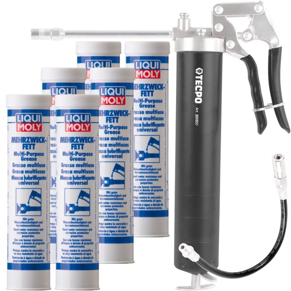 TECPO Einhand-Fettpresse + Panzerschlauch + LIQUI MOLY Mehrzweckfett, 6x400 g