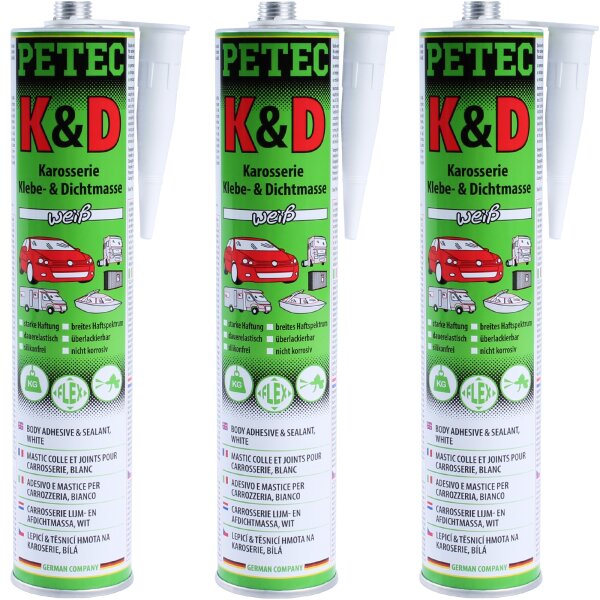 3x PETEC K&D Karosserie Klebe- und Dichtmasse weiß, 310 ml