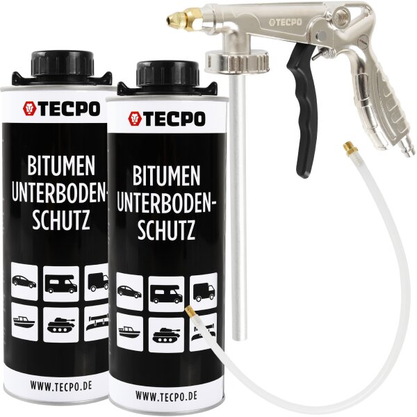 TECPO Unterbodenschutz Bitumen schwarz, 2L + Druckluft Unterbodenschutz Pistole