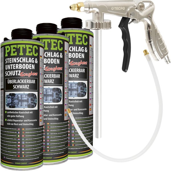 PETEC Steinschlag- & Unterbodenschutz schwarz, 3L + TECPO Druckluft-Unterbodenschutz-Pistole