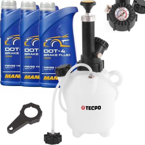 TECPO Bremsenentlüftungsgerät 2 L + Bremsflüssigkeit Dot 4, 3 Liter