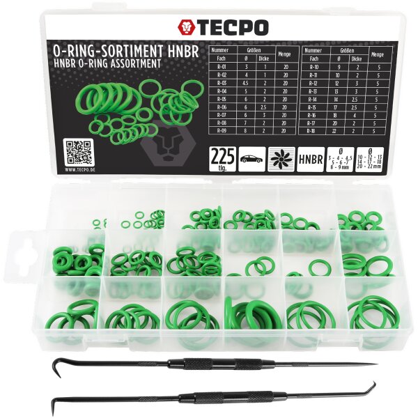TECPO O-Ring Sortiment 3 bis 22 mm, 225-teilig für Klimaanlage + Montagehacken