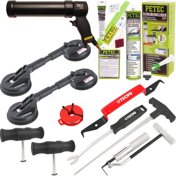 PETEC Scheibenkleber-Set + Ausbau-Werkzeug + Druckluft-Kartuschenpresse + 2x Gummi-Doppelsauger