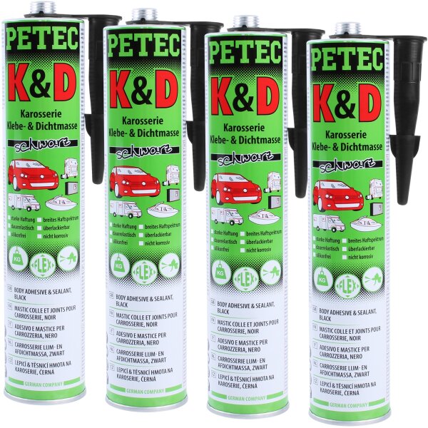 4x PETEC K&D Karosserie Klebe- und Dichtmasse schwarz, 310 ml