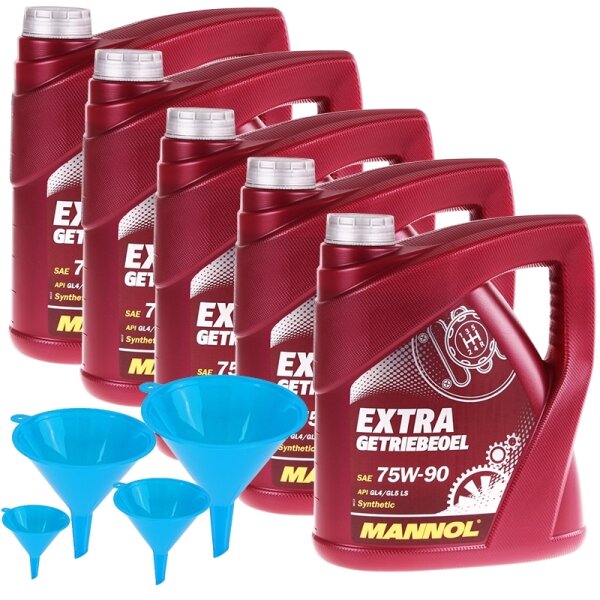 MANNOL Extra Getriebeöl 75W-90 API GL 4/GL 5 LS, 5x4 Liter + Öltrichter 4-teilig