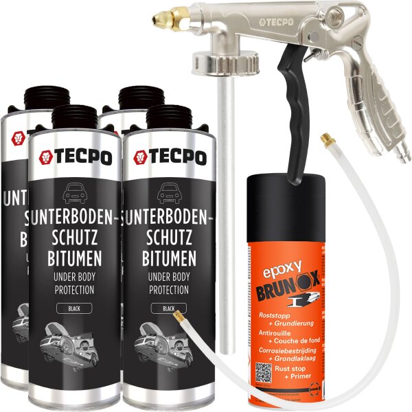 TECPO Unterbodenschutz Bitumen schwarz, 4L + Druckluft Pistole + BRUNOX Rostumwandler & Grundierer-Spray, 400mL