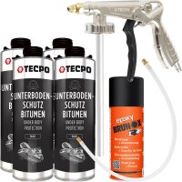 TECPO Unterbodenschutz Bitumen schwarz, 4L + Druckluft Pistole + BRUNOX Rostumwandler & Grundierer-Spray, 400mL