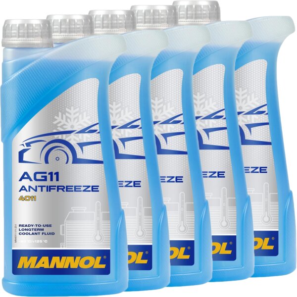 5x MANNOL Antifreeze AG11 (- 40°C) Blau, 1L