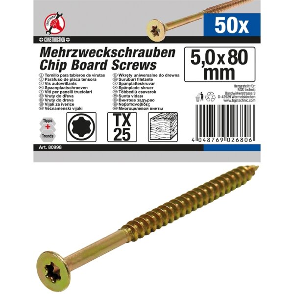 BGS DIY Mehrzweckschrauben, 5,0x80 mm, T25, 50 Stück