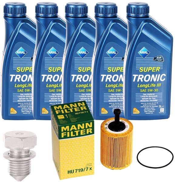Mann Ölfilter, Schraube + 5 Liter ARAL Super Tronic K Motoröl 5W-30, VW 504.00 507.00