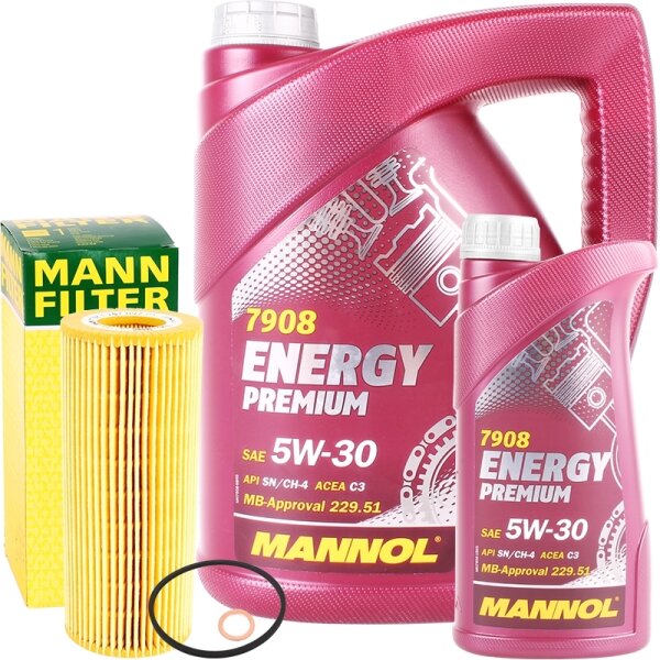 Mann-Filter Ölfilter + Mannol Energy Premium 5W-30, 6 Liter