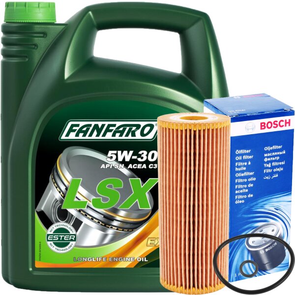 Bosch Ölfilter + FANFARO 5W-30 LSX Longlife III, 5 Liter