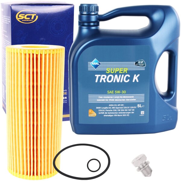 SCT Germany Ölfilter + ARAL Super Tronic K Motoröl 5W-30, VW 504.00 507.00, 5 Liter