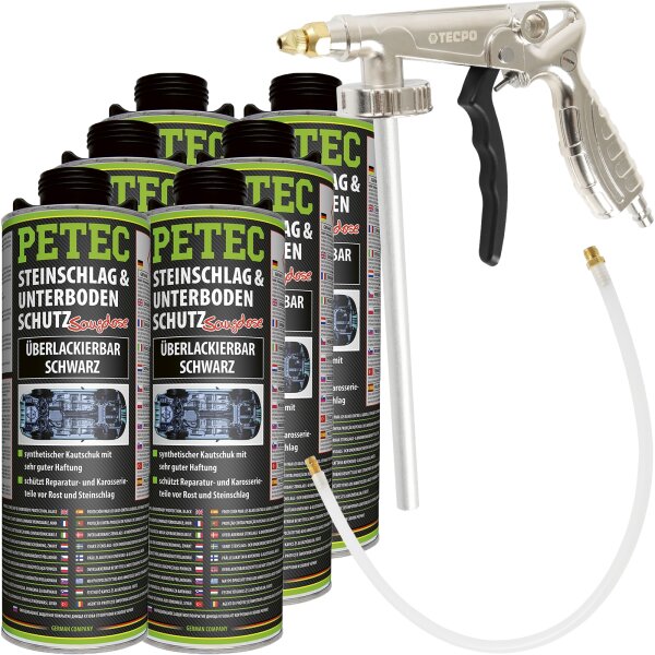 PETEC Steinschlag- & Unterbodenschutz schwarz, 6L + TECPO Druckluft-Unterbodenschutz-Pistole