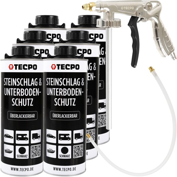 6x TECPO Unterbodenschutz Überlackierbar Schwarz, 1000 ml + Druckluft Unterbodenschutz Pistole