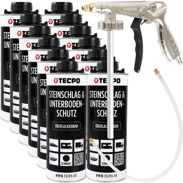 12x TECPO Unterbodenschutz Überlackierbar Schwarz, 1000 ml + Druckluft Unterbodenschutz Pistole