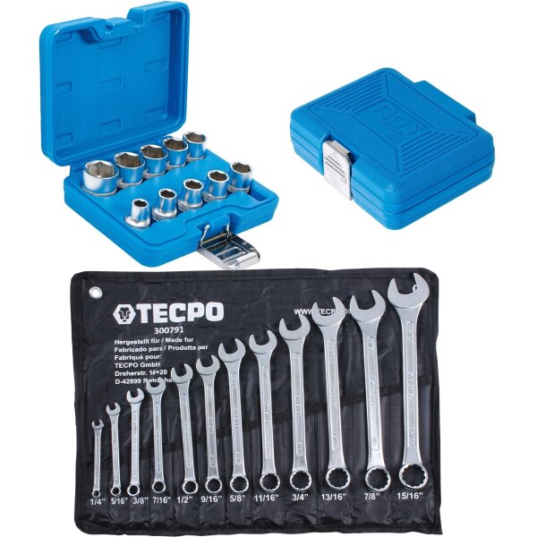 BGS Steckschlüsseleinsatz-Set 12,5 (1/2), ZOLL + TECPO Maul-Ringschlüssel-Satz, ZOLL, SW 1/4" - 15/16"