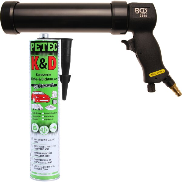 BGS Druckluft-Kartuschenpresse | für 310 ml Kartuschen + PETEC Klebe- und Dichtmasse 310 ml schwarz