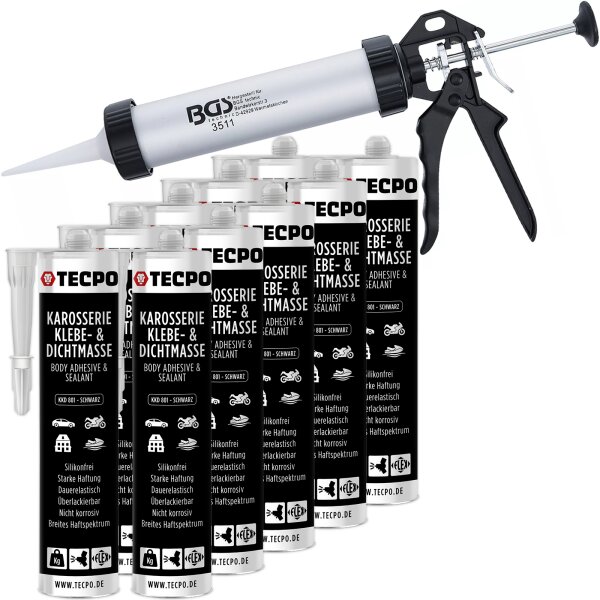 10x TECPO KKD 801 Karosserie Klebe- und Dichtmasse, 370g + BGS Kartuschenpresse