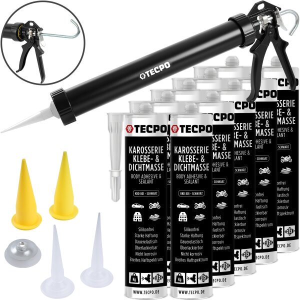 10x TECPO KKD 801 Karosserie Klebe- und Dichtmasse, 370g + Kartuschenpresse