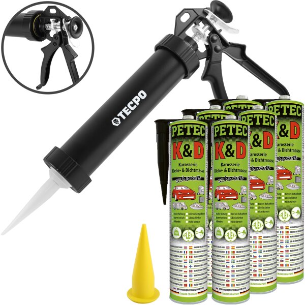 PETEC K&D Karosserie Klebe- und Dichtmasse 310 ml schwarz + Alu-Kartuschenpresse