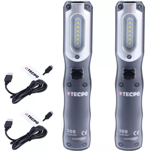 2x TECPO LED Akku Handlampe 300 Lumen + USB Kabel