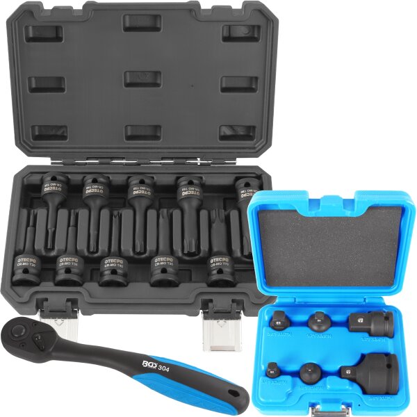 TECPO Kraft-Bit-Einsatz-Satz | T20-T80 | 10-tlg. + 6x Kraft-Adapter + 1x 1/2" Umschaltknarre
